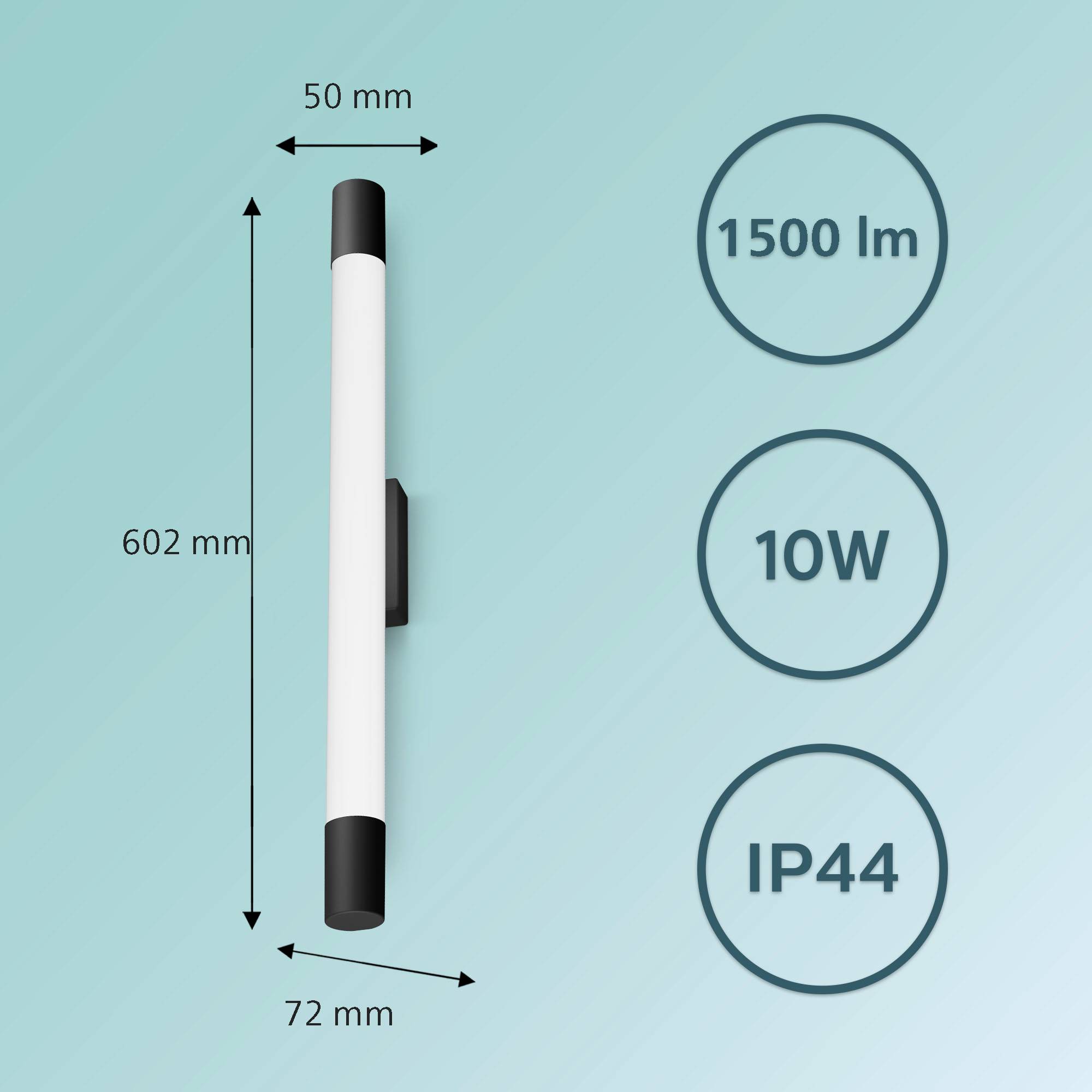 Izdužena zidna lampa dimenzija 602 mm x 72 mm x 50 mm. Tehničke karakteristike: 1500 lumena, snaga 10 W, stupanj zaštite IP44.