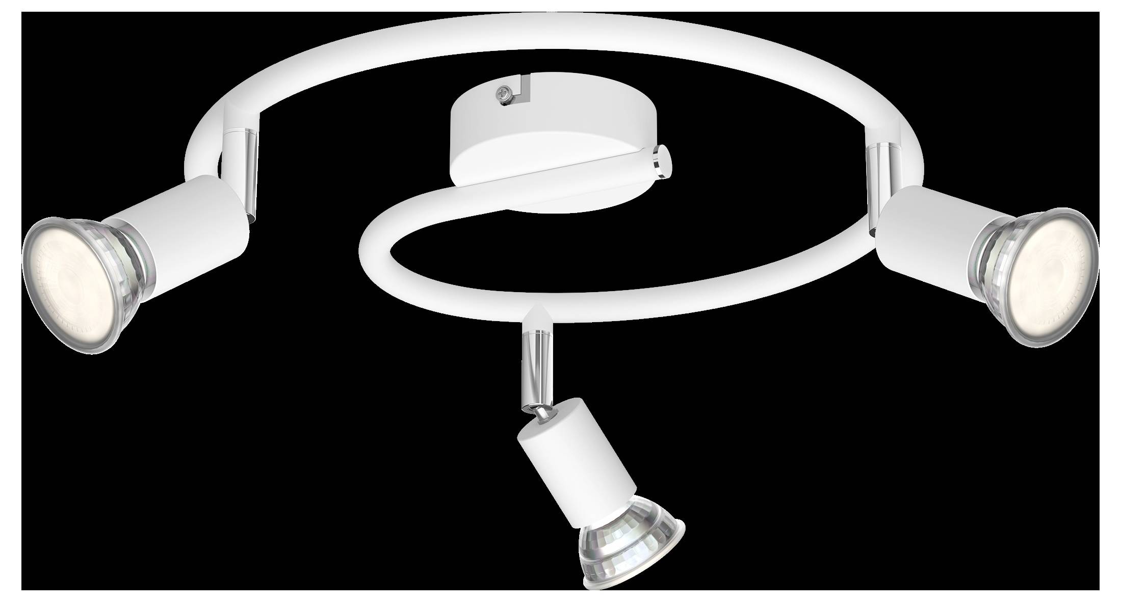 Bijela stropna lampa s tri okretljiva reflektora u spiralnoj konfiguraciji. Pogodna za naglašeno osvjetljenje u modernim interijorima.