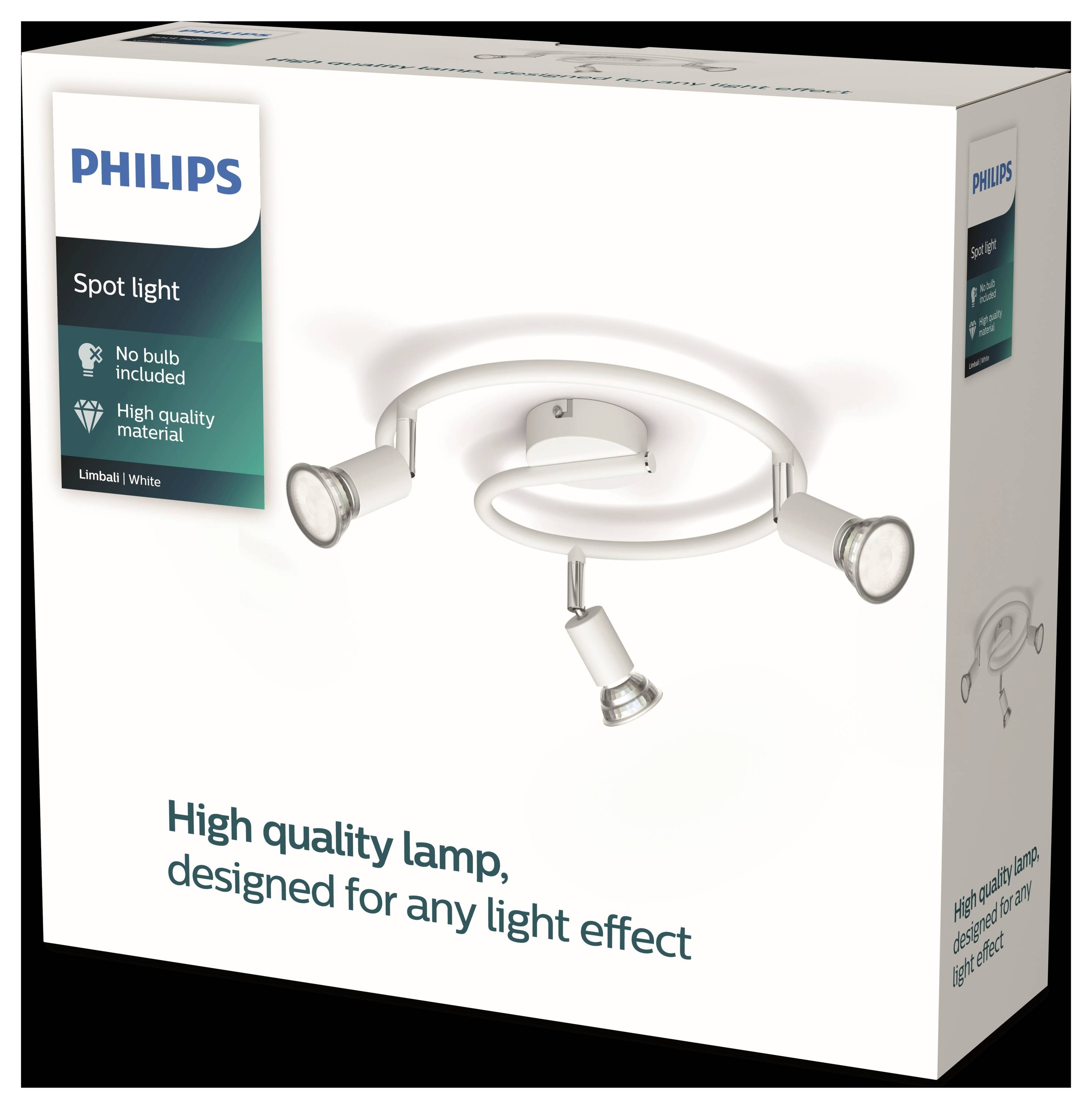 Ambalaža Philips stropne lampe s tri podesiva reflektorska svjetla. Tekst: 'Visokokvalitetna lampa, dizajnirana za svaki svjetlosni učinak'.