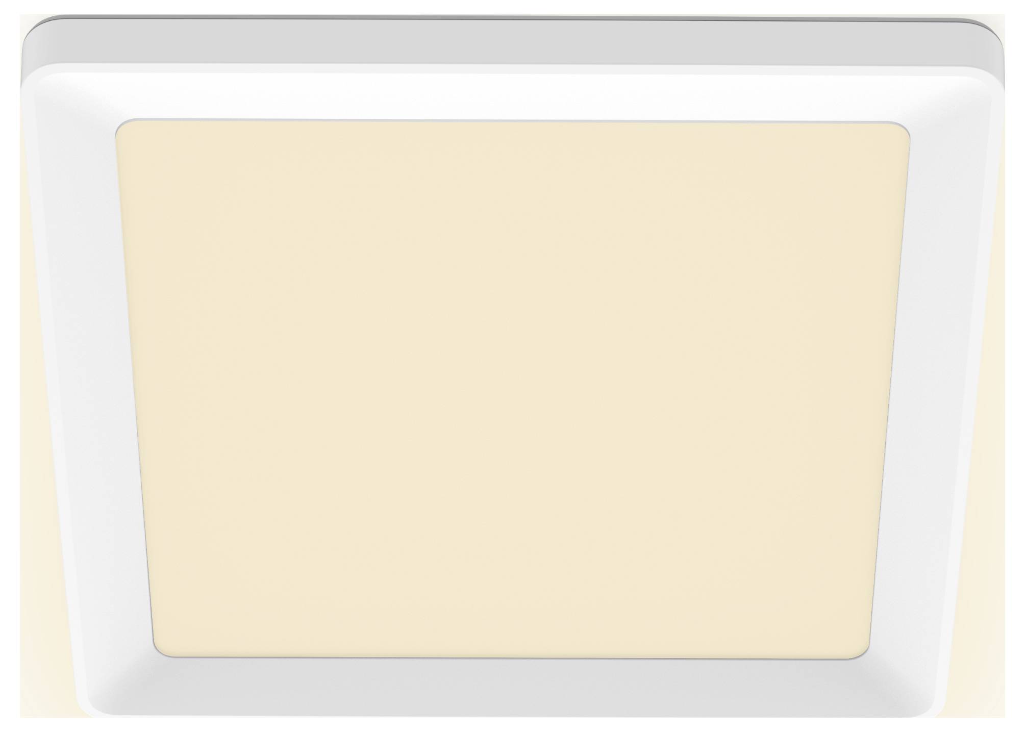 Kvadratna stropna lampa s bijelim okvirom i toplom žutom svjetlošću.