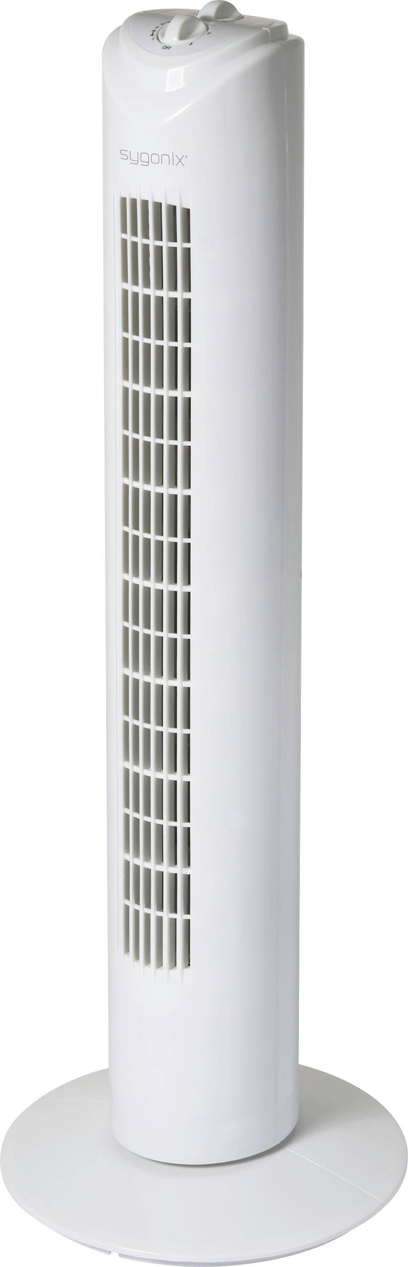 Bijeli, vitak toranjski ventilator na okrugloj bazi s kontrolnom tipkom na vrhu.