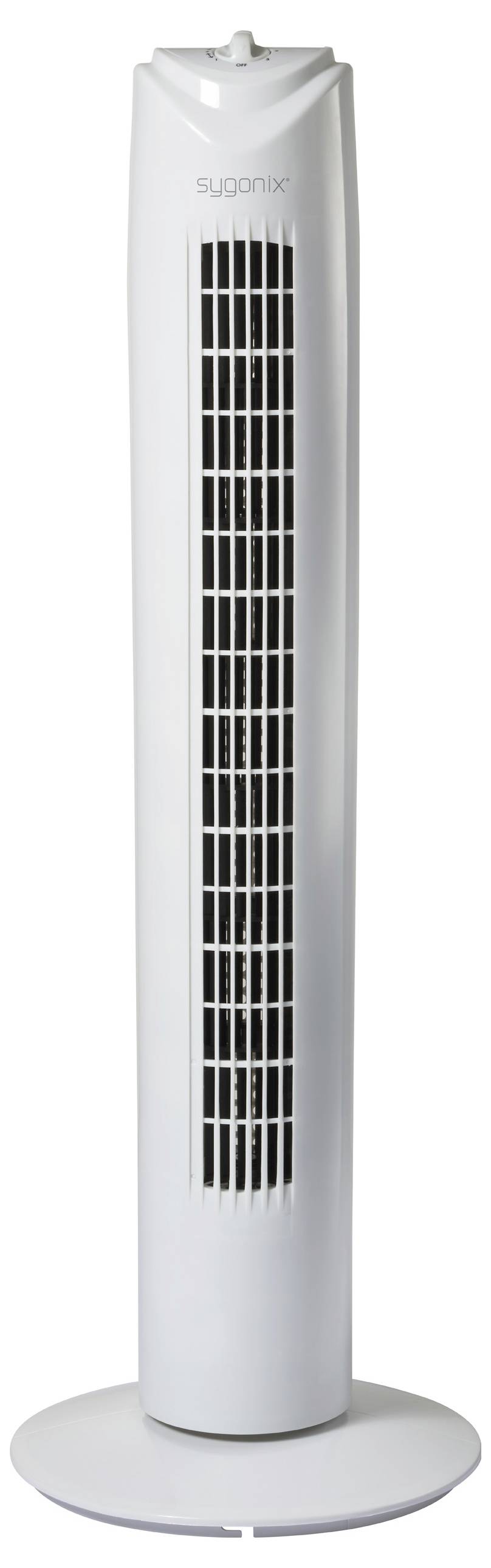 Bijeli toranjski ventilator s crnom rešetkom na okrugloj postolji, pogodan za cirkulaciju zraka u unutarnjem prostoru.