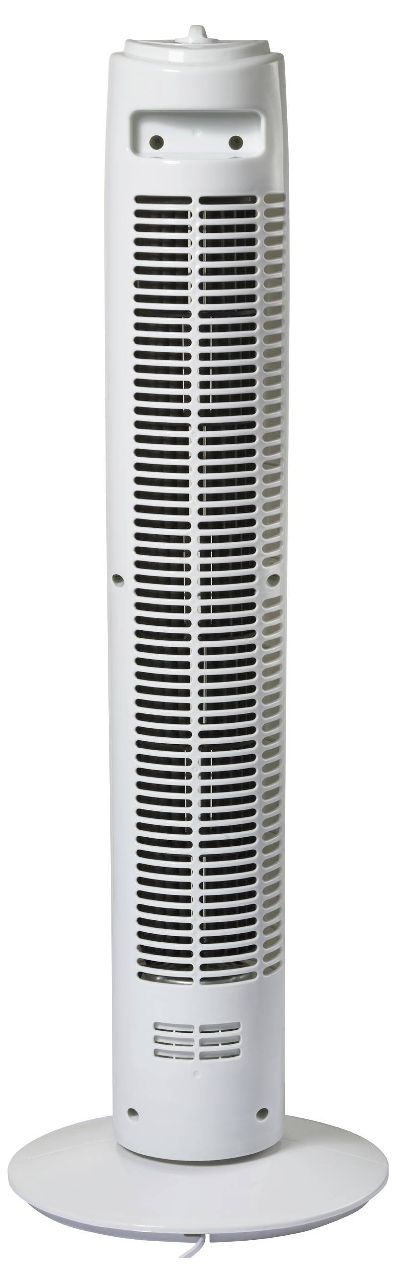 Bijeli ventilator toranj uskog kućišta s vertikalnim ventilacijskim otvorima, postavljen na okruglom postolju.