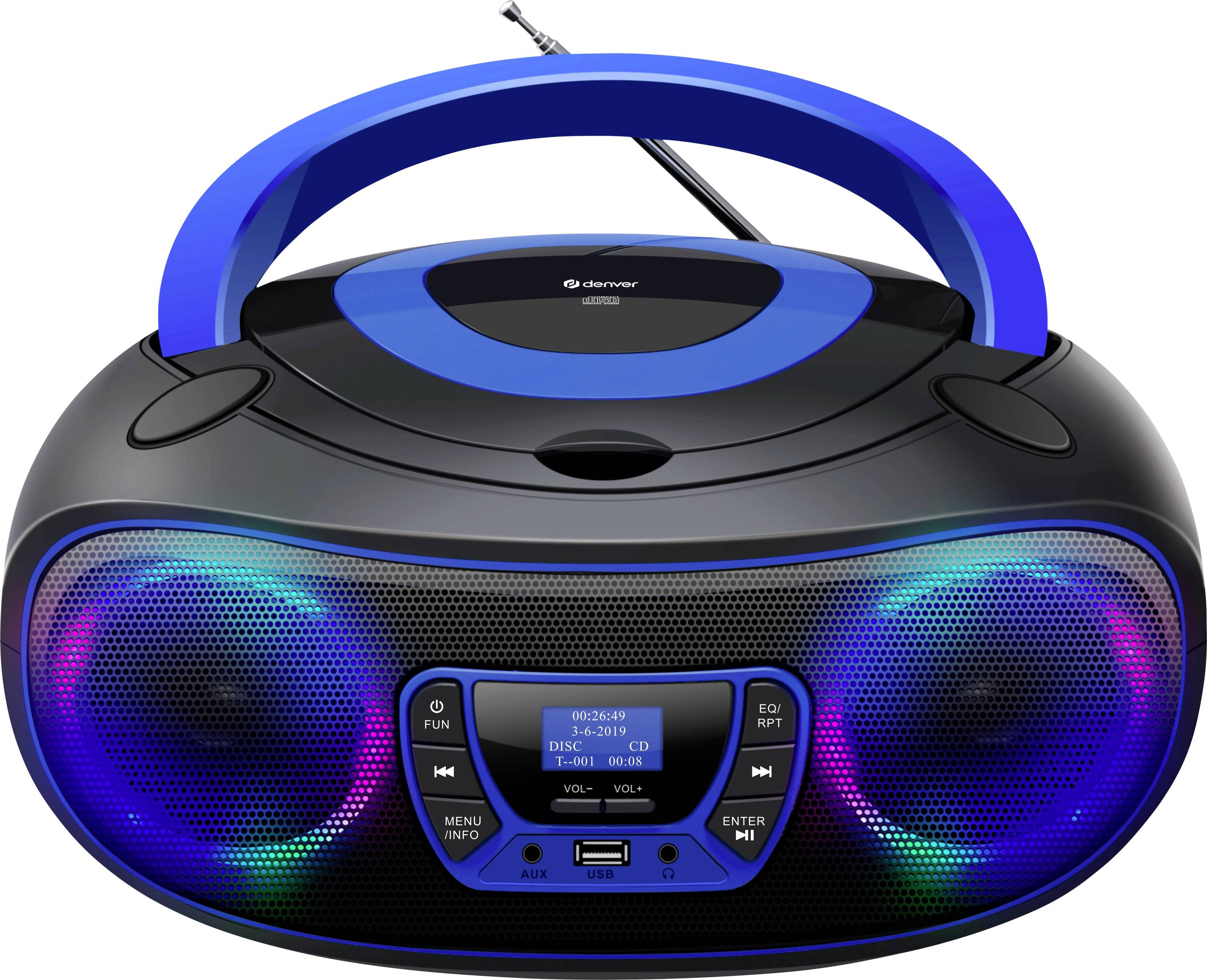 Prijenosni CD-player s plavim i crnim detaljima, svjetlećim zvučnicima i digitalnim zaslonom.