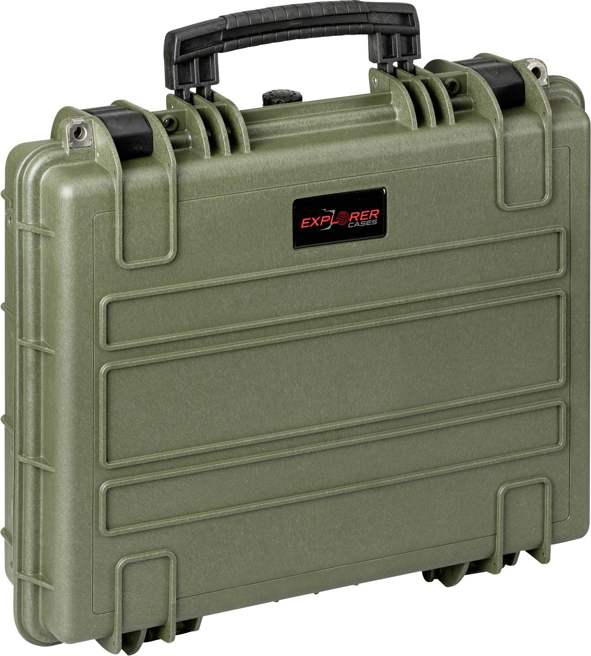 Zeleni, čvrsti zaštitni kofer s ručkom na vrhu. Naljepnica s tekstom 'Explorer Cases' na prednjoj strani.