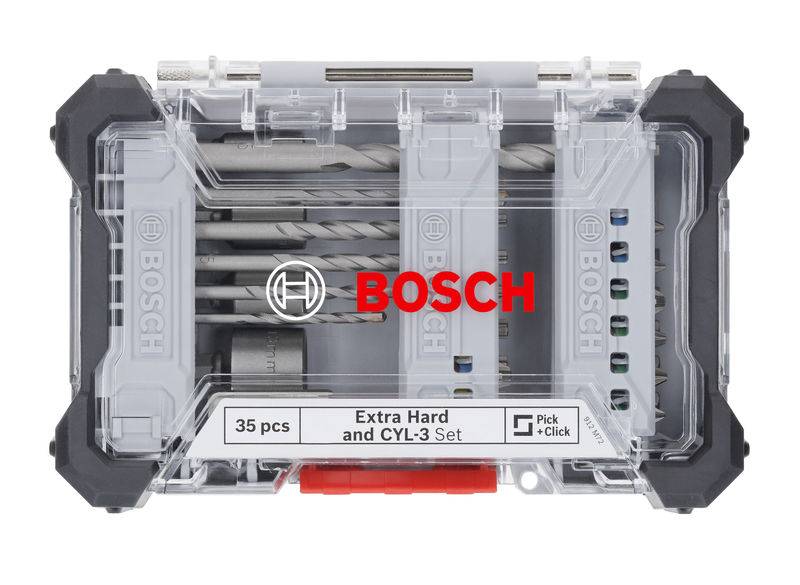 Set svrdala s 35 komada u prozirnom plastičnom kovčegu. Oznaka 'Bosch'. Sadrži različite veličine i tipove svrdala.