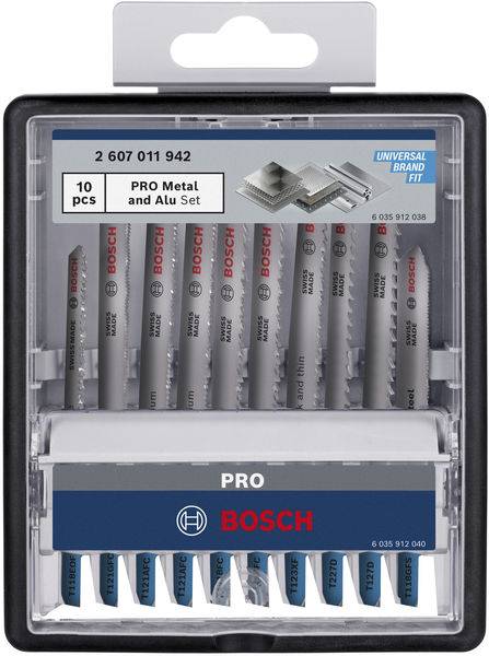 Bosch set listova za ubodnu pilu za metal i aluminij, 10-dijelni. Pakiranja prikazuje redove listova i relevantne podatke o proizvodu.