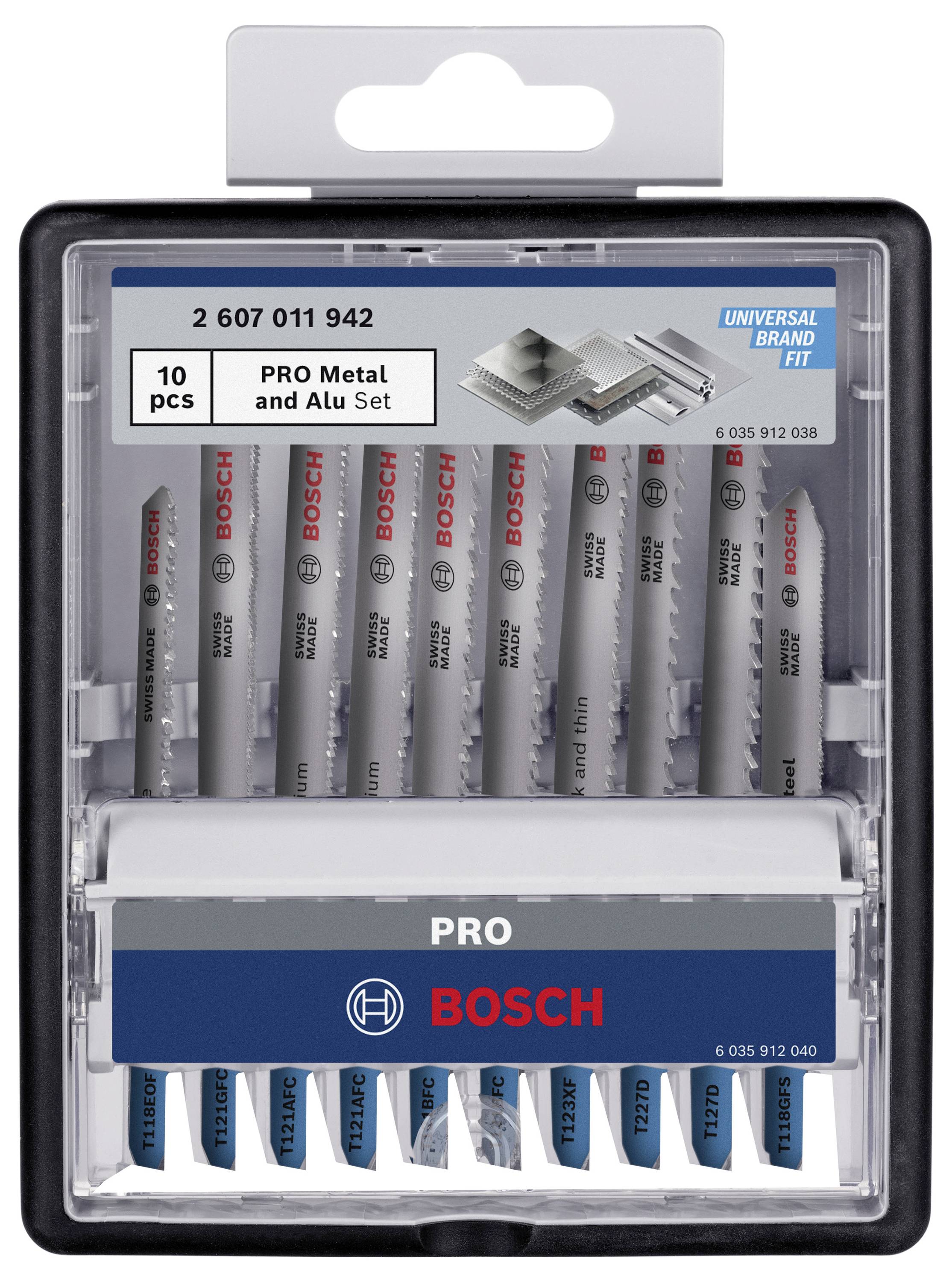 Bosch set listova pile za metal i aluminij, 10-dijelni, u crnoj kutiji s prozirnim poklopcem.