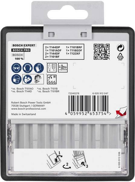 Set listova za pilu 'Bosch Expert', 8 komada, u plastičnoj ambalaži. Sadrži modele T144DP, T101AO, T101B, T118EOF, T123XF. Proizvedeno u Švicarskoj.