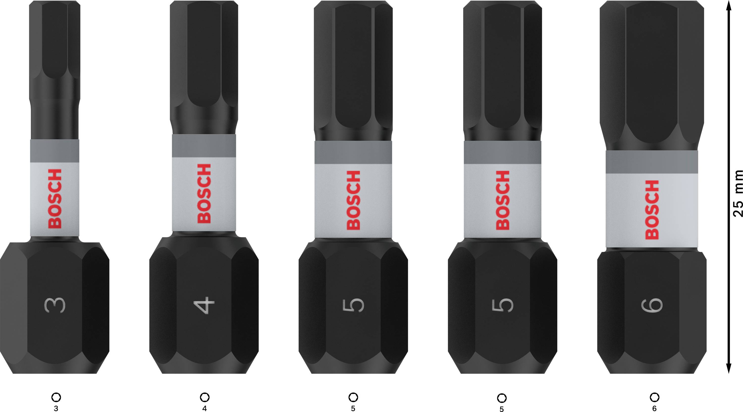 Različiti Bosch nastavci za odvijač u veličinama 3, 4, 5 i 6. Svaki nastavak je dugačak 25 mm i crn s sivim prugama i crvenim logotipom.