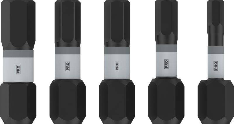 Pet crnih šesterokutnihbitova odvijača u nizu, svaki s sivom trakom i natpisom 'PRO'.