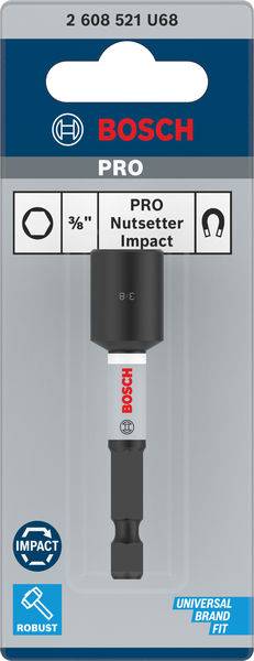 'Bosch PRO Natikač za udarni vijak', 3/8 inča, s robusnim dizajnom za univerzalne primjene. Pakiranja s logotipom i informacijama o proizvodu.