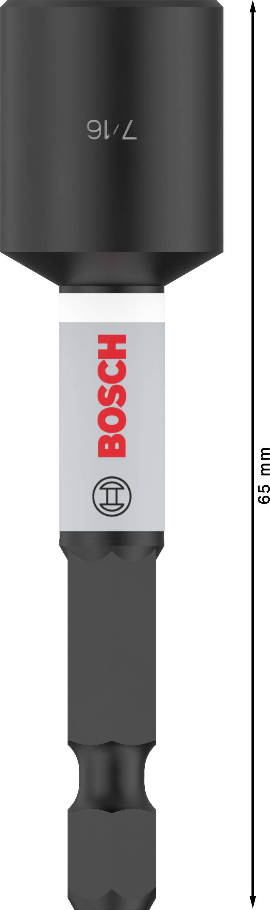 Prikazan je Bosch nasadni ključ sa šesterokutnom glavom od 7/16 inča i duljinom od 6,5 mm, prikladan za bušilice ili odvijače.