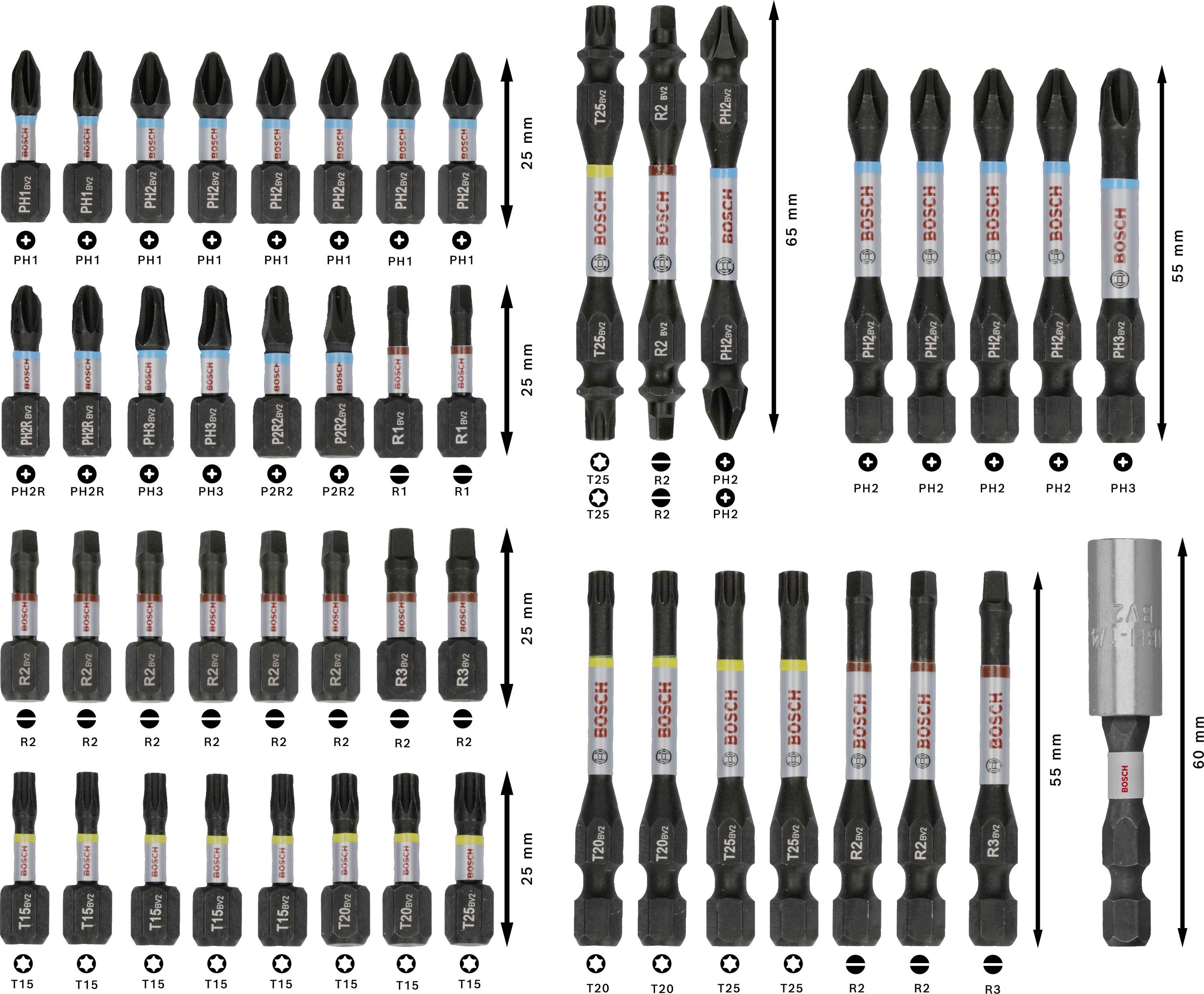 Set s različitim nastavcima za odvijač u različitim veličinama i tipovima, uključujući križni, Torx i šesterokutni.