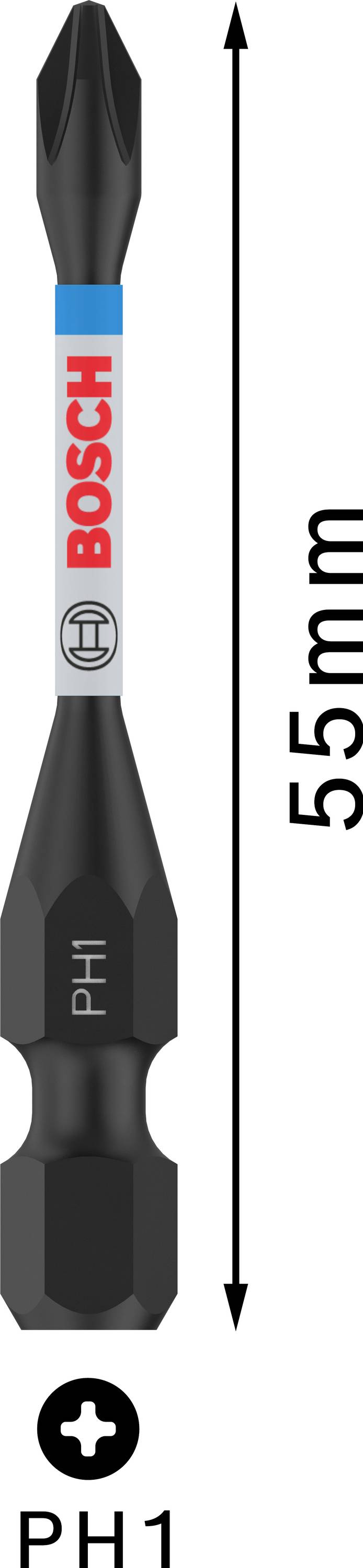 Bit za odvijač Phillips PH1, duljina 55 mm, crni vrh, s logotipom marke i označnim prugama.