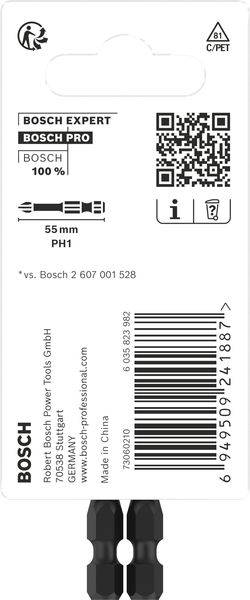 Pakiranje za Bosch PH1 odvijač bit, duljina 55 mm, sadrži QR kod, barkod i napomenu za recikliranje, izrađeno u Kini.