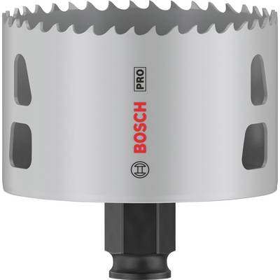 Srebrna pila za rupe s crnim umetcima, crvenim logotipom 'Bosch Pro' i sivim zubima, pogodna za precizno bušenje drva i metala.