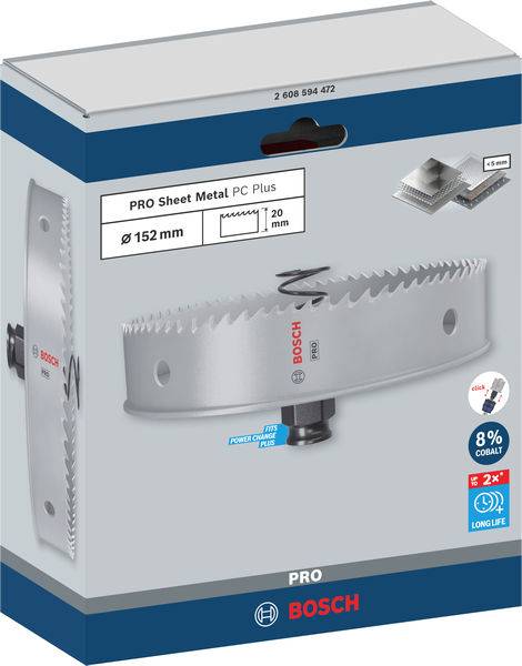 Pakiranje Bosch kružne pile za metal, promjera 152 mm, s 8% kobalta. Prikazani su proizvod i tehnički detalji.