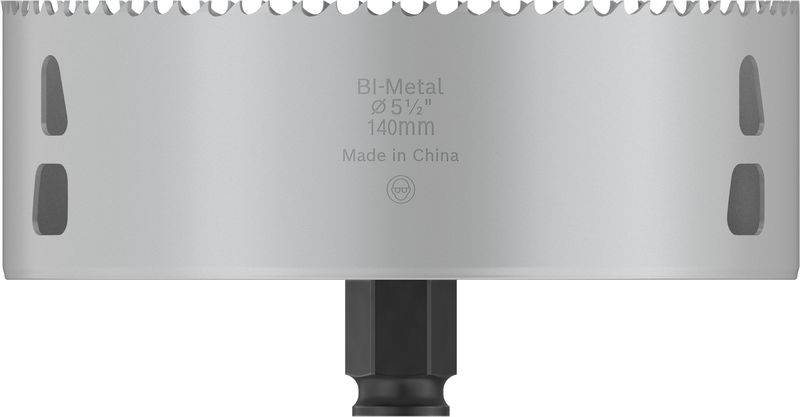 Bimetalna svrdlasta kruna, promjera 140 mm, nazubljen rub; podesiva za precizne i čiste rezove na metalnim površinama.