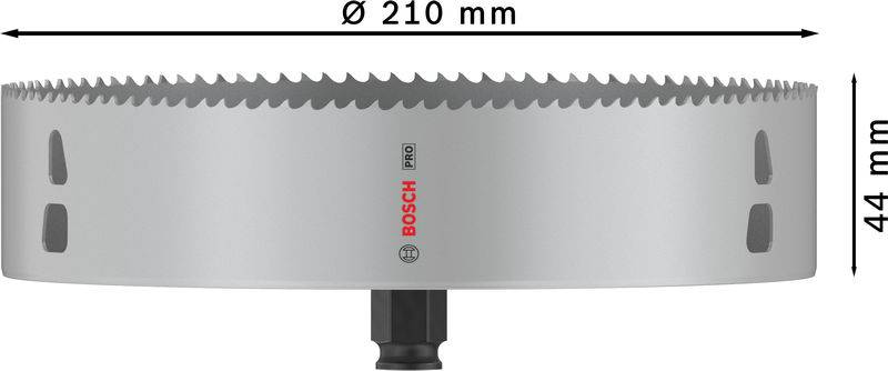 Siva kružna pila za rezanje rupa promjera 210 mm i visine 44 mm, označena oznakom 'Bosch Pro'.