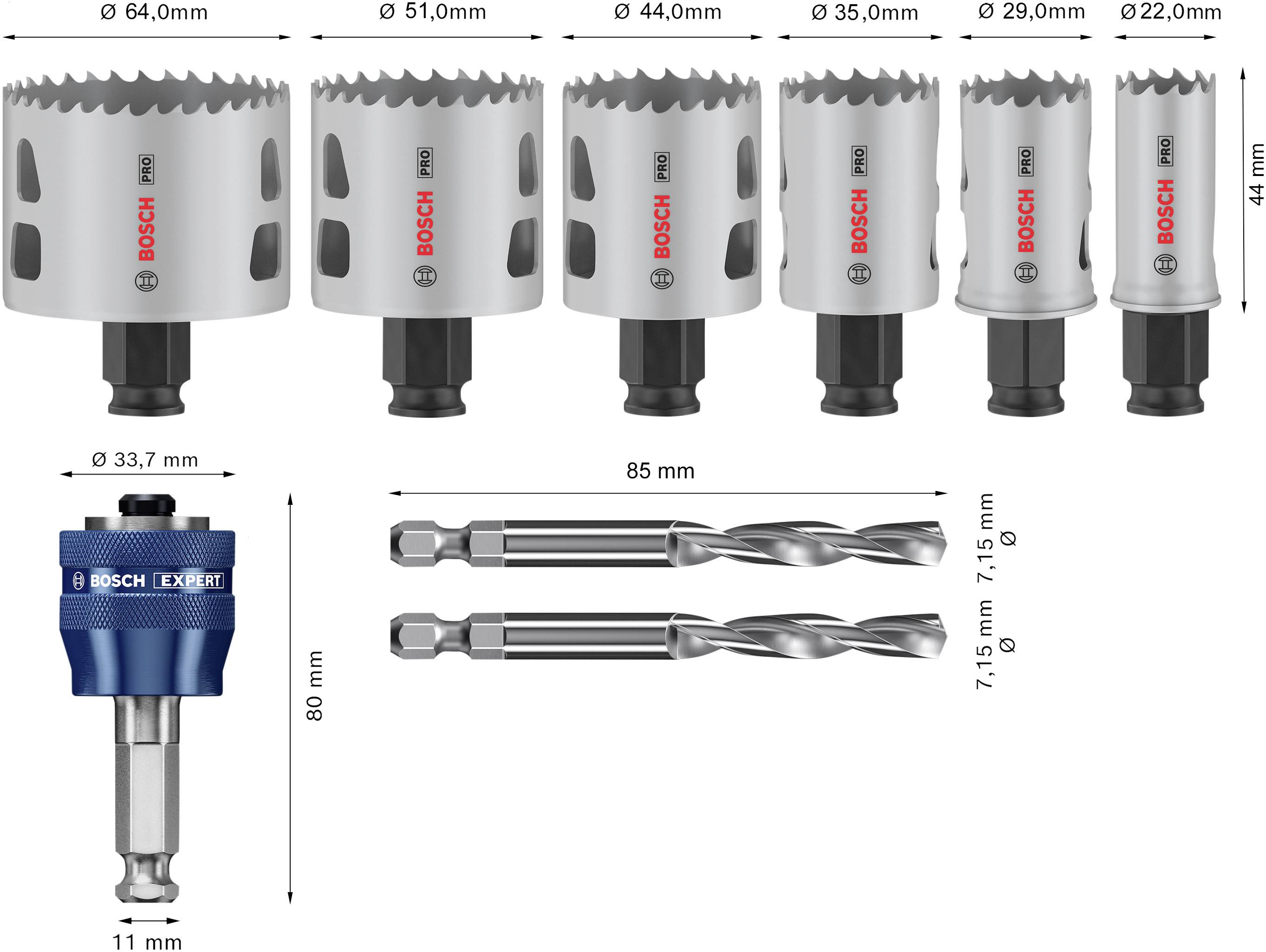 Slika sa šest različito velikih kružnih pila tvrtke Bosch, dva svrdla i jedan adapter. Promjeri kružnih pila su 64 mm, 51 mm, 44 mm, 35 mm, 29 mm i 22 mm.