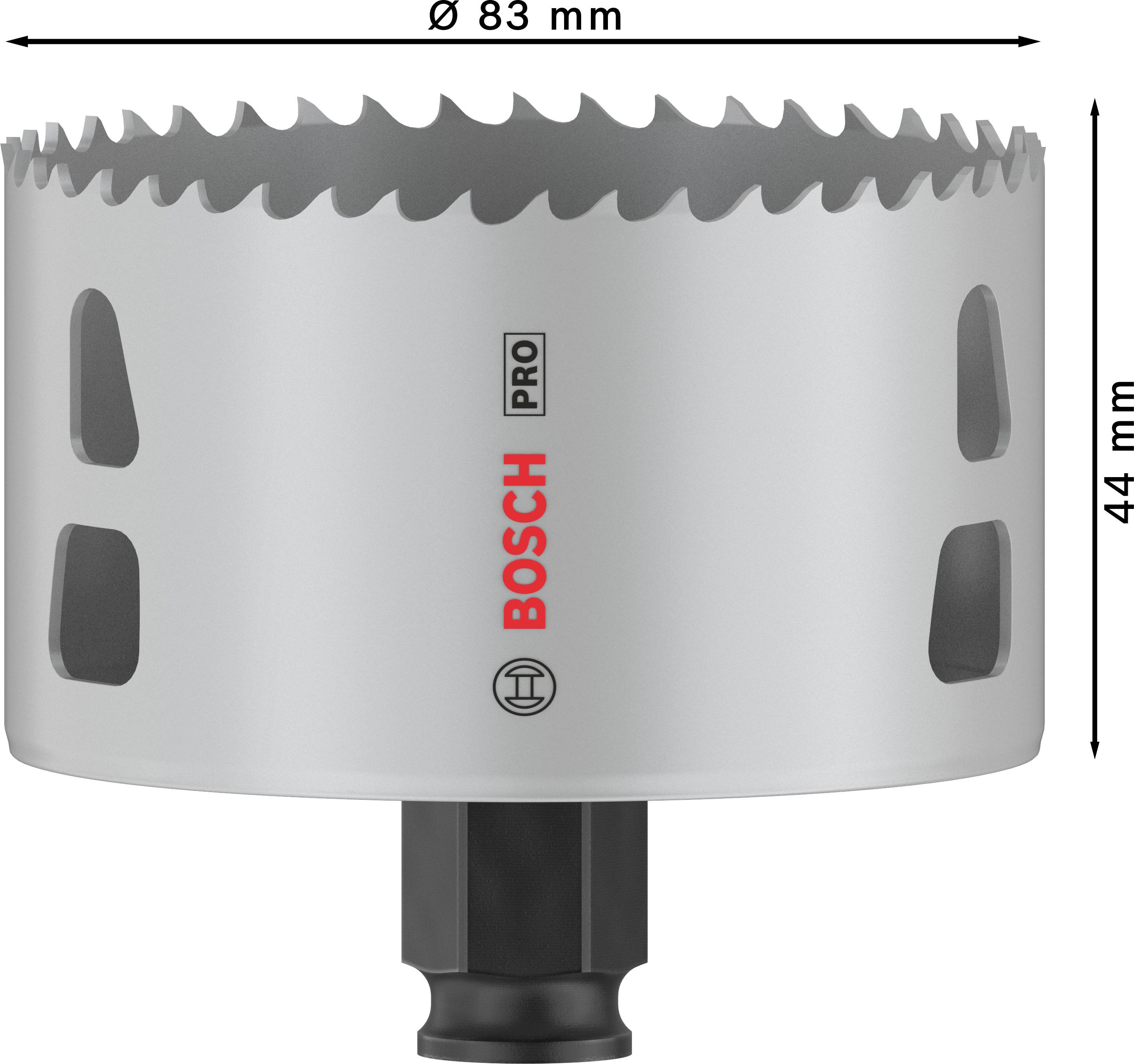 Metalna kruna za piljenje s natpisom 'BOSCH PRO', promjer 83 mm, visina 44 mm, idealna za precizne radove bušenja u metalu.