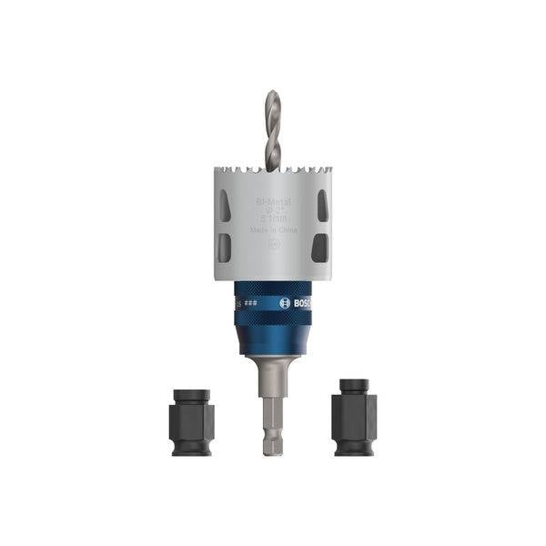 Set metalnih kružnih testara s bušilicom i dva crna adaptera; idealan za precizne i brze rezove u metalu i ostalim materijalima.