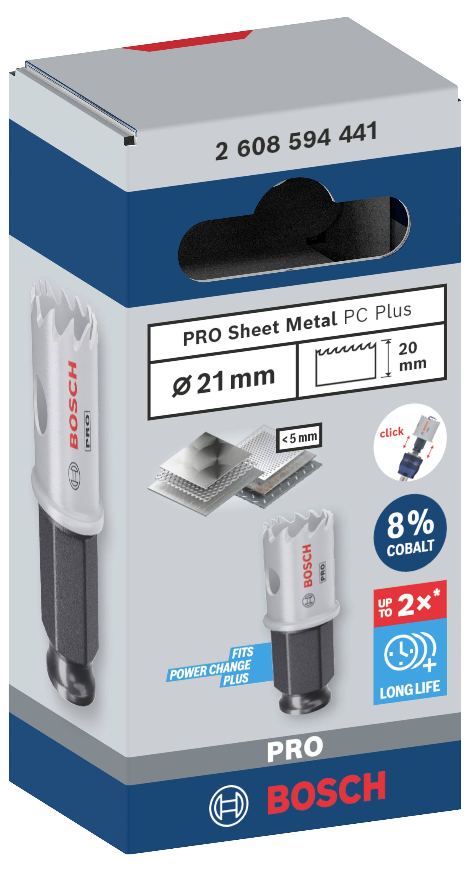 Slika prikazuje pakiranje Bosch PRO PC Plus krunaste pile promjera 21 mm za lim. Sadržava podatke o debljini materijala i vijeku trajanja.