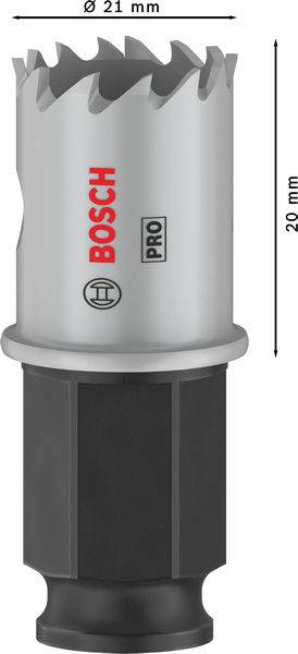Metalna kružna pila za provrte promjera 21 mm i visine 20 mm, srebrne boje s crnom drškom. Označena oznakama 'Bosch' i 'Pro'.