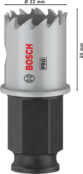 Svrdlo promjera 22 mm i duljine 20 mm. Vidljiv logotip proizvođača 'BOSCH' i oznaka 'PRO'.