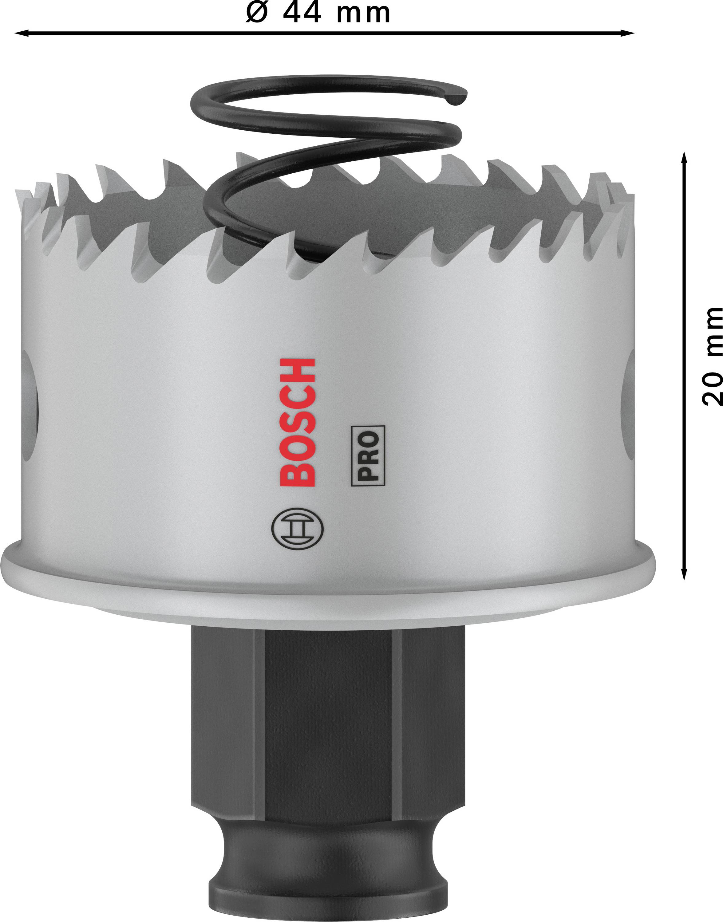Kružni pila priključak od Bosch, promjer 44 mm, visina 20 mm, s oprugom na vrhu. Idealan za bušenje u drvo ili metal.