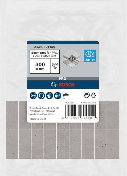 Pakiranje Bosch segmenata za PRO jezgrine bušilice, 300 mm, za mokre primjene. Sadrži barkod i informacije o proizvođaču.