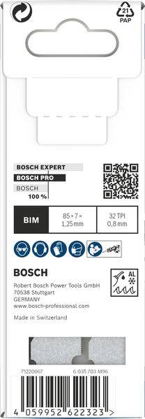Ambalaža Bosch proizvoda s tekstovima o vrstama, proizvođaču, veličini i tehničkim specifikacijama, npr. 'BOSCH EXPERT', 'Napravljeno u Švicarskoj'.