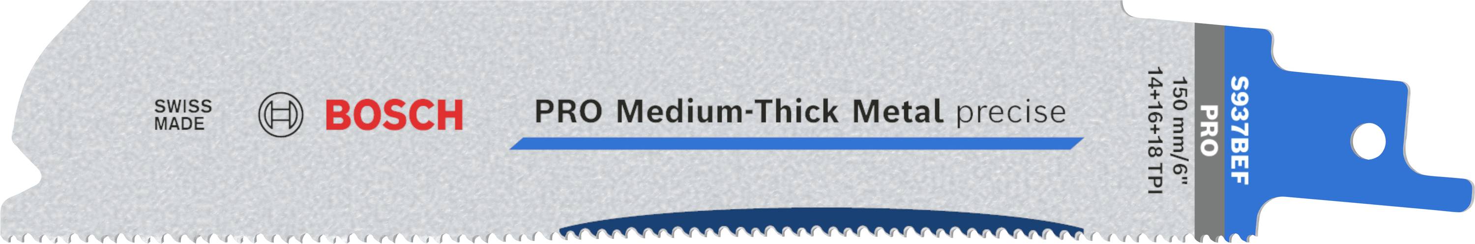 Listić pile 'BOSCH PRO Medium-Thick Metal precise', 150 mm, 14-18 TPI, za rezanje metala, plavo-sive boje, izrađeno u Švicarskoj.