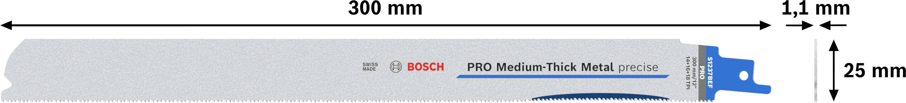 List sabljaste pile duljine 300 mm, visine 25 mm i debljine 1,1 mm. Natpis: 'PRO Medium-Thick Metal, precise'.