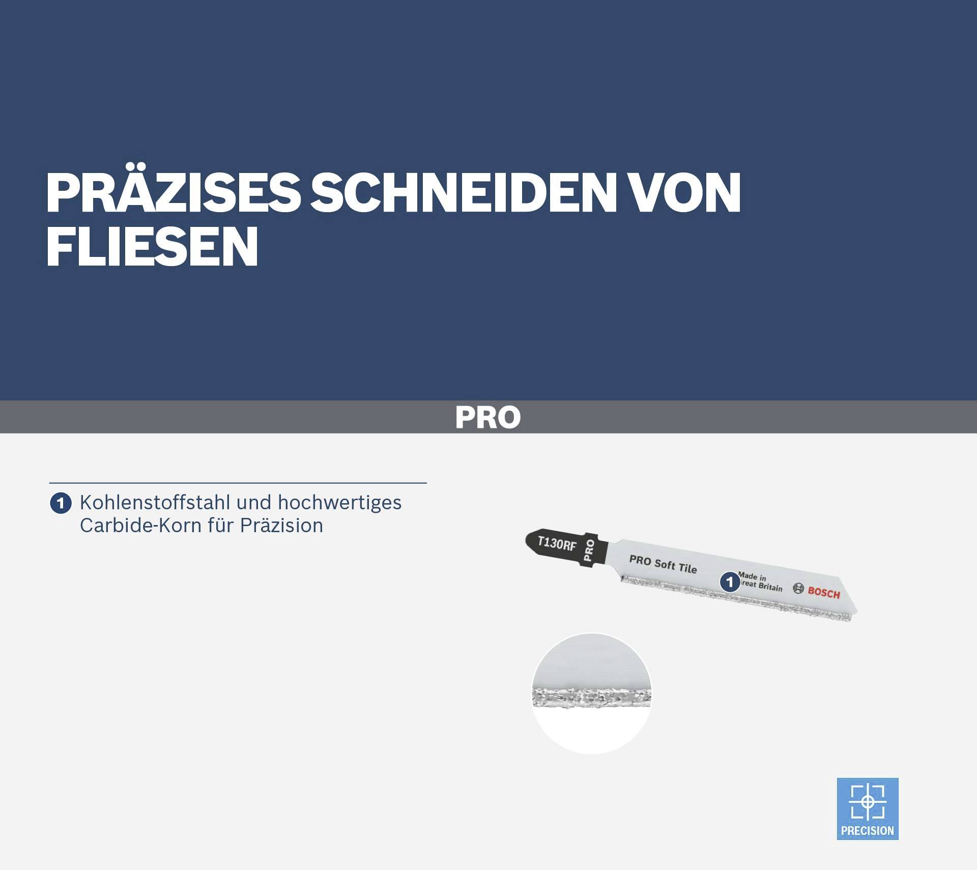 'Precizno rezanje pločica' s proizvodom na bazi ugljičnog čelika. Sadrži prikaz alata i detaljan pogled vrha.