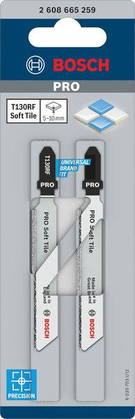 Paket s dva Bosch lista za ubodnu pilu za meke pločice, model T130RF. Pogodan za materijale debljine 5-10 mm.