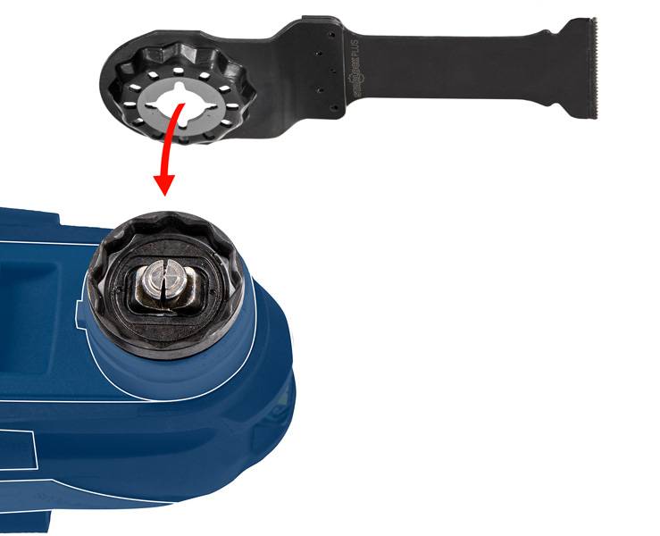 Višenamjenski alat s uklonjenim oštricom. Gore desno uklonjeno oštrice je prikazano crvenom strijelom koja pokazuje prema alatu.