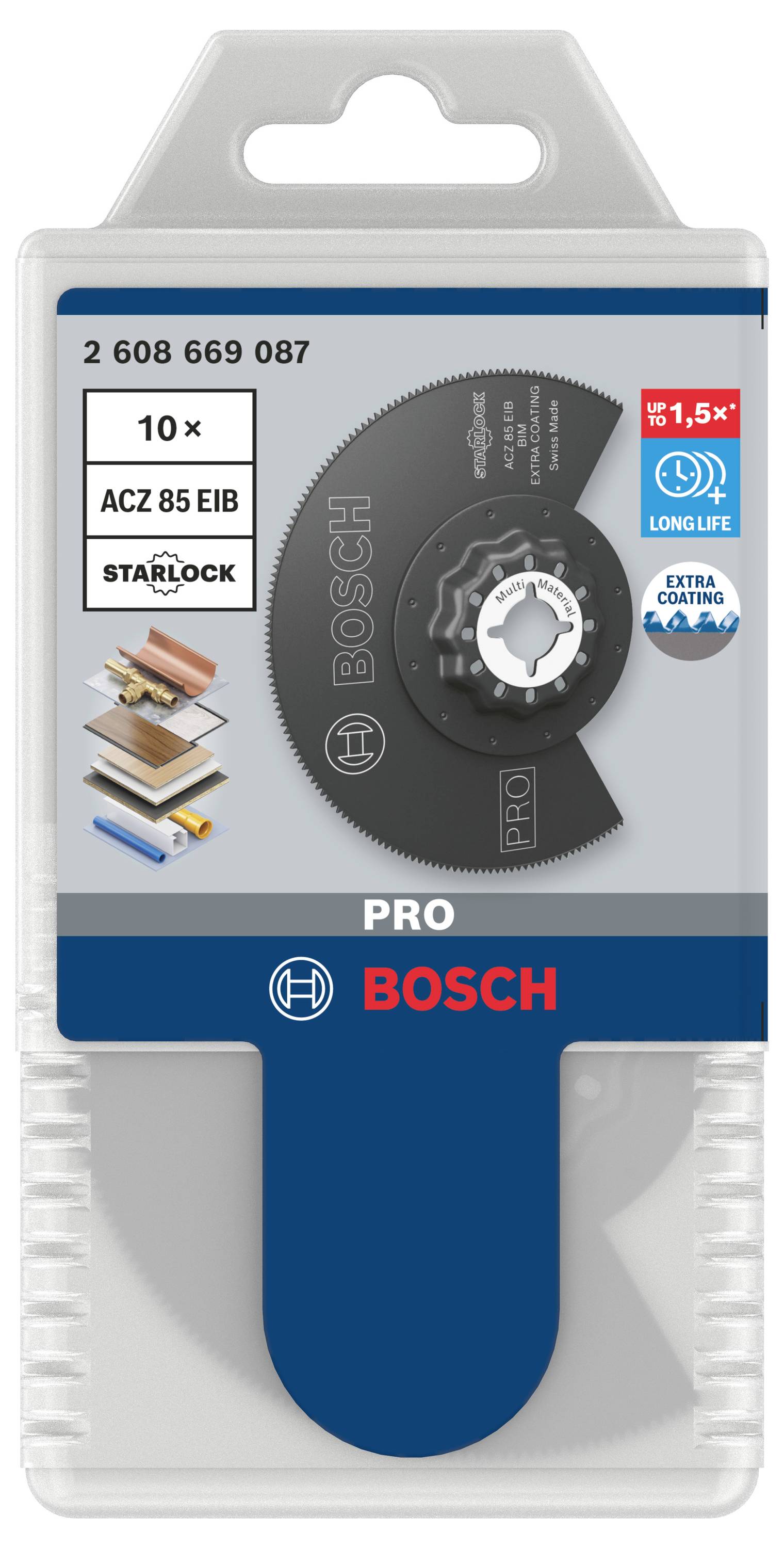 Ambalaža Bosch Starlock lista za poteznu testeru. Lijevo ilustracije za upotrebu materijala: drvo, gips. Desno logo za dugotrajnost.