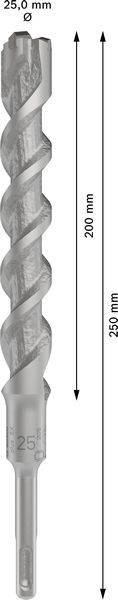 SDS plus svrdlo promjera 25 mm, ukupne duljine 260 mm, radne duljine 200 mm. Spiralni oblik za učinkovito bušenje.