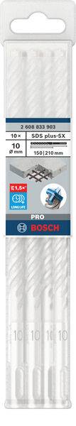 Pakiranje Bosch SDS plus-5X svrdala, komplet od 10 komada. Sadrži 10 mm x 210 mm dugačka svrdla s prikazom betona i ikonom Power Drill.