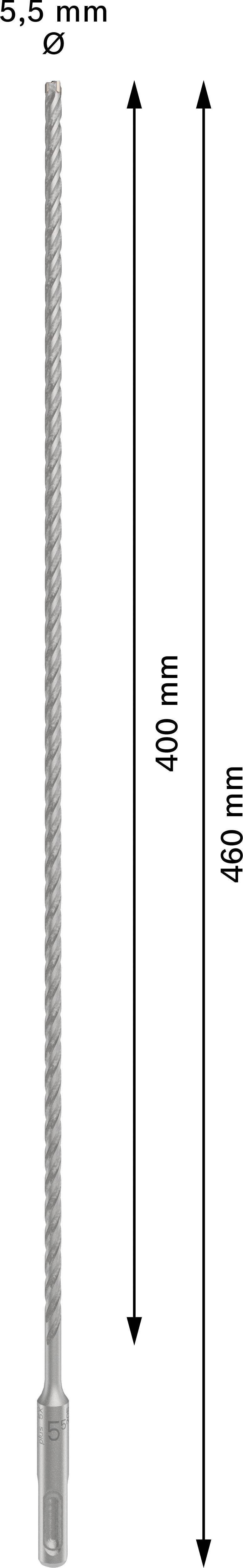 Bušač: 5,5 mm ø, duljina 400 mm. Dugačak bušač s navedenim promjerom i duljinom, vertikalan.