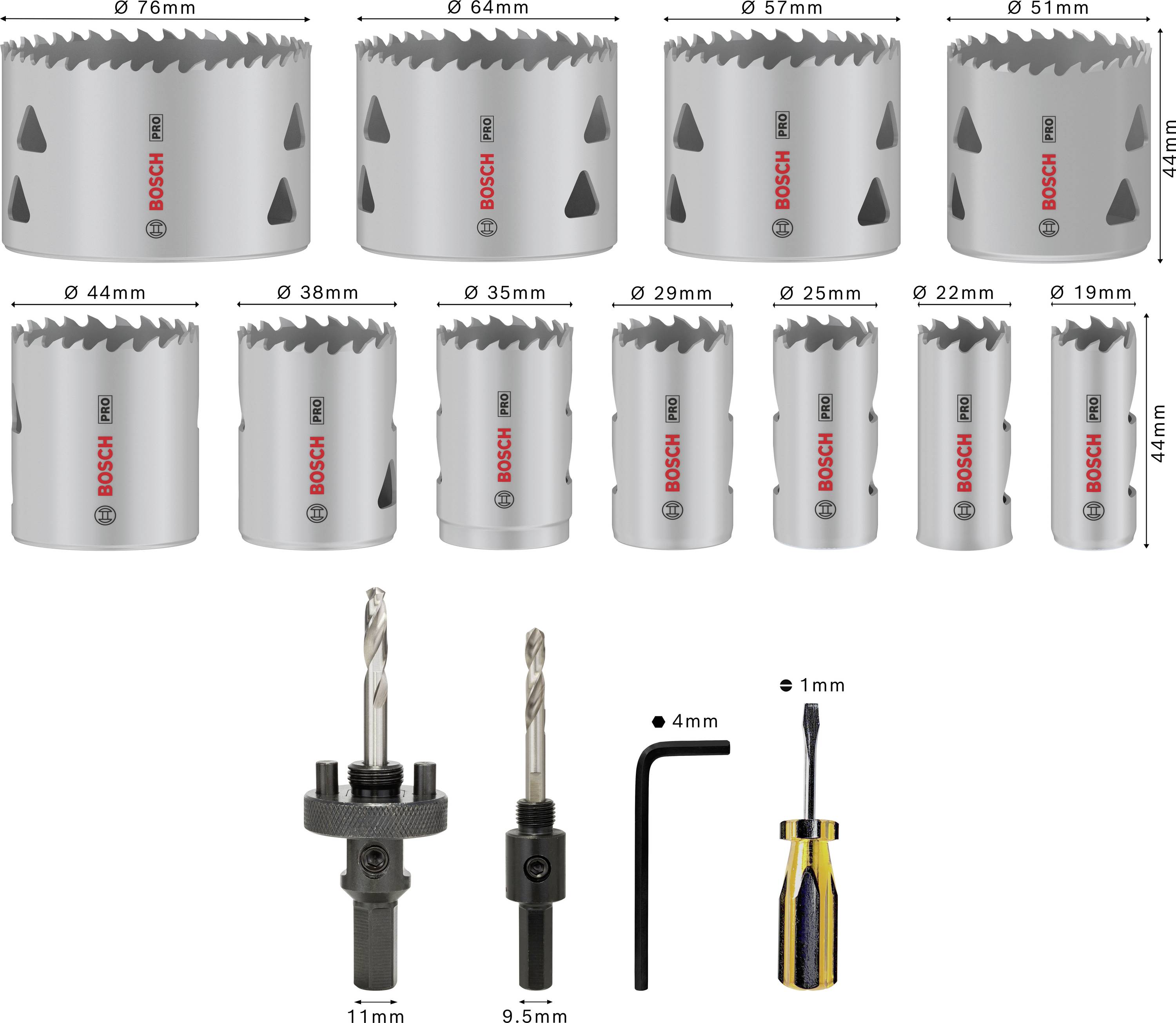 'Bosch HM kružna pila set promjera od 19 mm do 76 mm s priborom: dva rezača provrta, imbus ključ i odvijač.'