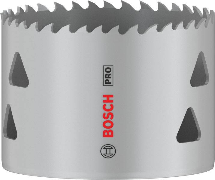 Metalna pila za bušenje rupa sa nazubljenim rubom, pogodna za bušenje različitih materijala. 'Bosch Pro' i logotip na strani.