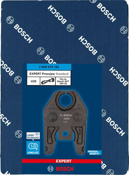 Bosch Standardna prešna kliješta U25, pogodna za cijevi do 18V/32. Pakiranje prikazuje kliješta s laserskom tehnologijom i značajkama dugog vijeka trajanja.