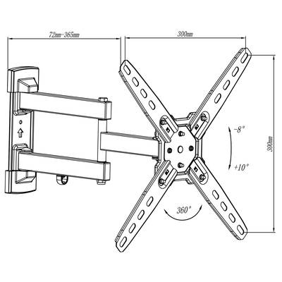Tehnički nacrt podesive zidne nosač za TV, prikazuje kut nagiba od -8° do +10° i kut rotacije od 360°. Dimenzije: dubina 72-365 mm, širina 300 mm, visina 320 mm.