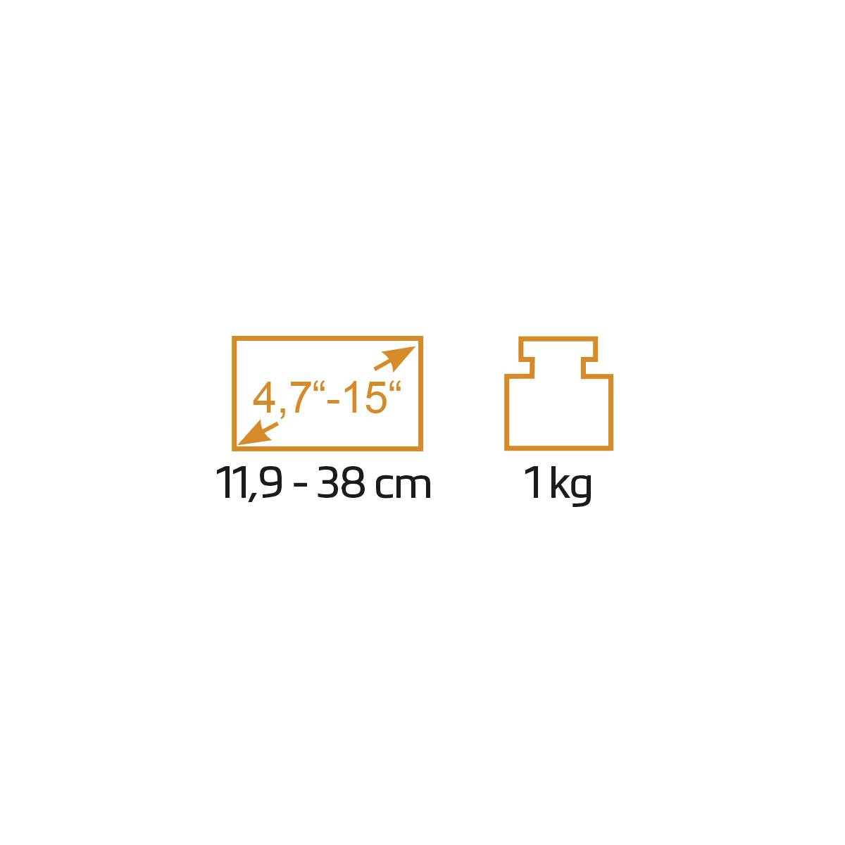 Slika prikazuje dimenzije i težinu: širina od 11,9 do 38 cm (4,7 do 15 inča), težina 1 kg.