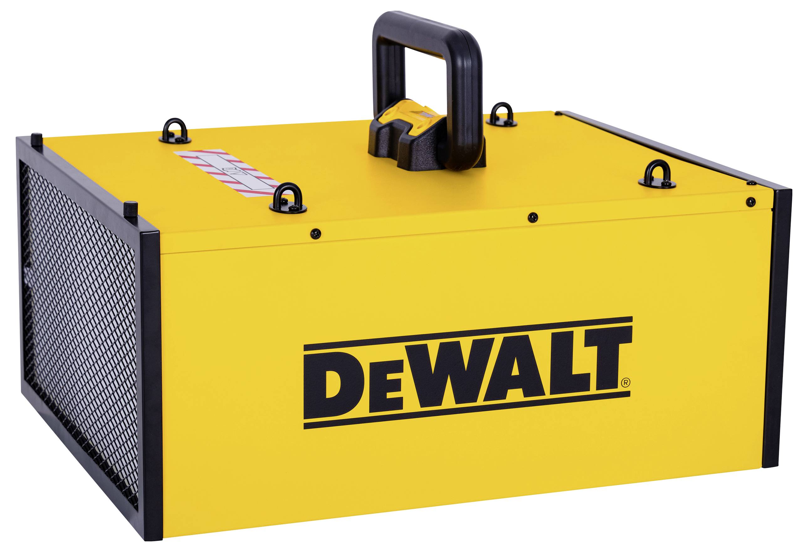 Žuta DeWalt kutija za alat s crnom ručkom i logotipom, pogodna za transport alata.