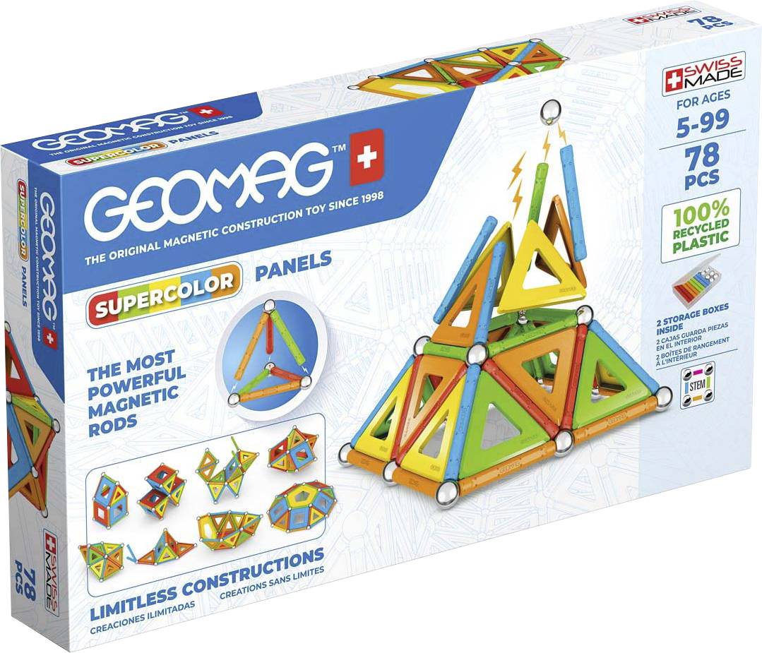 Geomag kutija za sastavljanje koja prikazuje magnetski konstruktorski set za djecu od 5-99 godina s 78 dijelova.