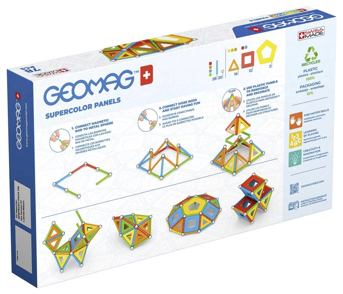 Geomag Supercolor Ploče Pakiranje: prikazuje magnetske konstrukcijske modele s šarenim oblicima. Okolišu prijazan, reciklirani materijal.